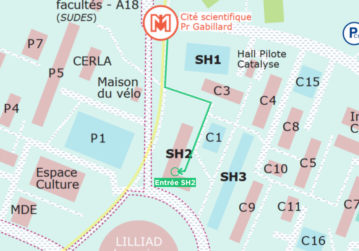 En sortant du métro Cité Scientifique Professeur Gabillard, se diriger vers le sud en longeant la route. Tourner à gauche à la première intersection et avancer. Tourner à droite à l'intersection suivante et continuer tout droit. L'entrée du SH2 sera sur votre droite.